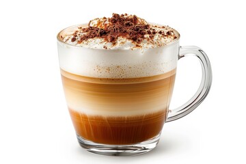 A creamy caramel macchiato topped with whipped cream and chocolate powder in a clear glass cup on a white background.