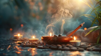 Wall Mural - zen home decor, creating a peaceful setting with a zen-inspired display of incense, pebbles, and candles, fostering a harmonious and calming atmosphere