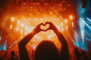 A woman doing a heart with her fingers in the air at a concert. The crowd is cheering and the lights are bright. Scene is energetic and celebratory