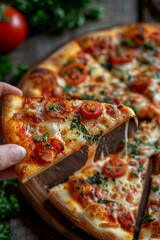 Wall Mural - Pizza slice in Hand: A hand holding a slice of pizza with vibrant fresh toppings, with the rest of the pizza visible in the background.