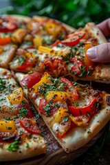Wall Mural - Pizza slice in Hand: A hand holding a slice of pizza with vibrant fresh toppings, with the rest of the pizza visible in the background.