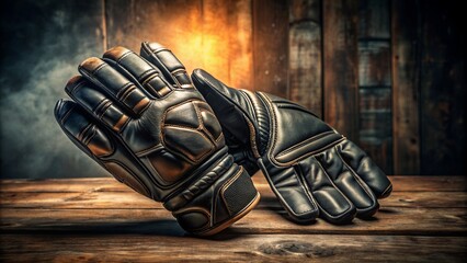 Canvas Print - Isolated black leather soccer goalkeeper gloves arranged on a rustic wooden table amidst dimly lit ambient background atmosphere.