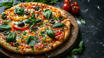 Wall Mural - Healthy Veggie Pizza: A colorful vegetable pizza loaded with fresh toppings like bell peppers, olives, red onions, and spinach, presented on a round wooden board with a sprinkle of fresh herbs.