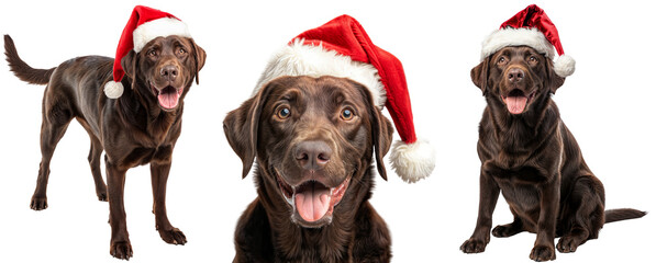 Wall Mural - Bundle of Adorable Chocolate Brown Labrador Retrievers in Santa Hats Isolated on Transparent Background - Festive Holiday Pet Collection