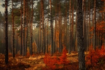 Wall Mural - Pine trees on a moody fall landscape with red and orande colors