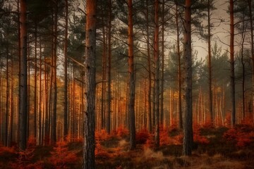 Wall Mural - Pine trees on a moody fall landscape with red and orande colors