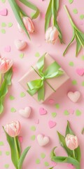 Wall Mural - February Flat Lay. Festive Layout with Pink Tulips, Hearts, and Gift with Green Ribbons on Pastel Pink Background. Copy Space. Top View. Mother's Day, Valentine's Day