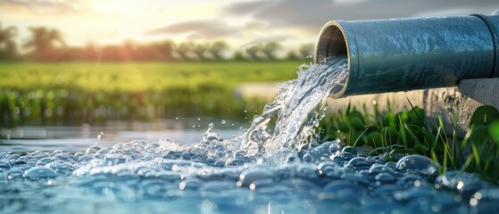 water pipe in water field, discharge. clear water flowing from a pipe, closeup
