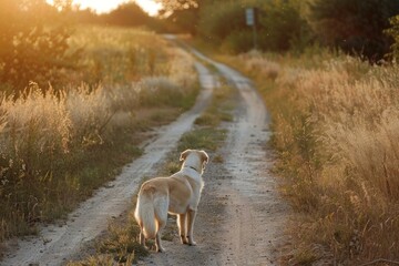 Sticker - Lone dog stands on a winding rural path, basking in the warm glow of sunset