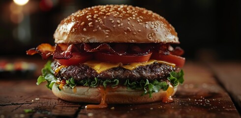 Wall Mural - Close Up Of A Juicy Bacon Cheeseburger On A Wooden Cutting Board