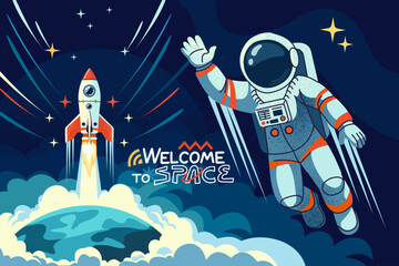 Space astronaut background. Spaceship or rocket landing, planet Earth. Future, spaceman. Technology cosmos, cosmonaut shuttle flight, science backdrop. Vector universe explore cartoon style set