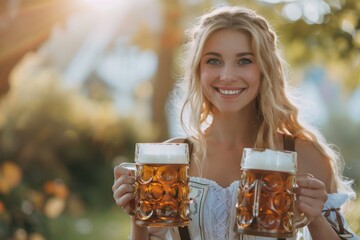 smiling woman in traditional bavarian dress holding two large beer mugs, ideal for oktoberfest promo