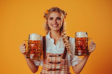 Wall Mural - Smiling woman in traditional Bavarian dress holding two large beer mugs, Ideal for Oktoberfest promotions.