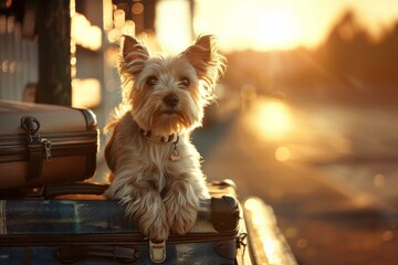 Sticker - Small dog perched on luggage basks in the golden light of sunset