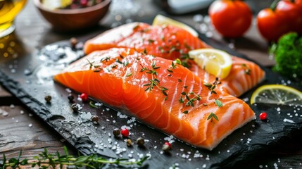 Wall Mural - Fresh salmon fillets with herbs and lemon