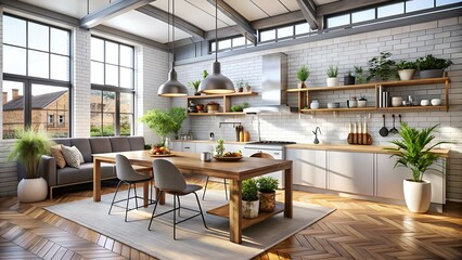 Wall Mural - modern nordic kitchen in loft apartment. 3D rendering