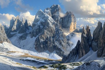 Wall Mural - Dramatic sunset over snowcapped dolomite mountains with clouds weaving through the rugged peaks