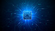 © AntonKhrupinArt - Brightly glowing AI chip on light circuit board on technology blue background. CPU processor or semiconductor on tech bg. Computer microchip on motherboard. Abstract digital vector illustration.
