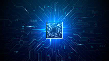 Fototapete - Brightly glowing AI chip on light circuit board on technology blue background. CPU processor or semiconductor on tech bg. Computer microchip on motherboard. Abstract digital vector illustration.