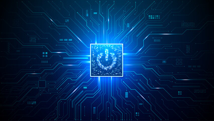 Fototapete - Abstract digital glowing innovation circuit on technology blue background. AI chip with power icon consist of light pixels. Circuit tech bg. Semiconductor or computer processor. Vector illustration. 