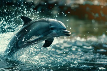 Poster - Playful dolphin emerges from sparkling water, captured at the golden hour