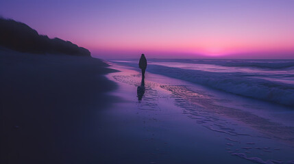 Wall Mural - A solitary figure walking along the shoreline at dusk, the soft sand beneath their feet and the gentle waves lapping at their ankles. The sky is a beautiful gradient of purples and pinks as the sun se