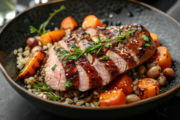 Grilled Duck Breast with Glazed Carrots and Wild Rice