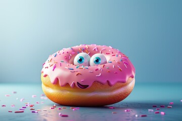 Sticker - A smiling illustrated donut with colorful sprinkles in a whimsical setting