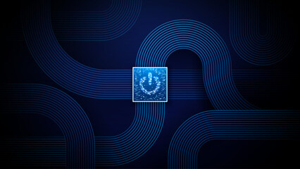 Fototapete - Technology background with glowing AI chip in center of a circuit board. Power button consist of pixels. Flat circle cables in blue. CPU semiconductor or processor with power icon. Vector illustration