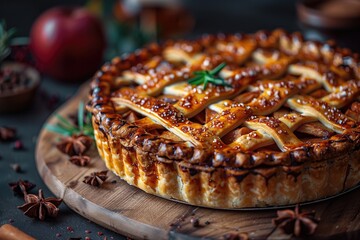 Wall Mural - A close-up of a delicious, freshly baked apple pie, adorned with small American flag toothpicks