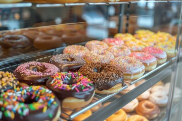 Wall Mural - Colorful selection of frosted donuts behind a bakery glass case