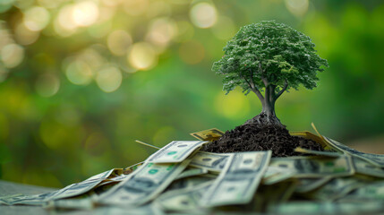 Small tree that grows on a pile of money. Financial investment ideas.