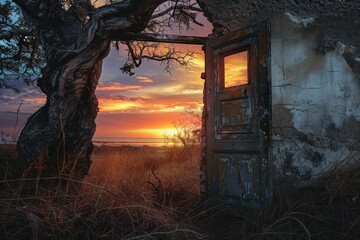 Poster - An open, weathered door frames a stunning sunset over a tranquil beach