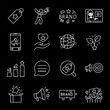 © Matsabe - Business development, white line icons. Strategies, advertising, and influencer marketing. Ideal for corporate and marketing themes. Symbols on black background. Editable stroke.