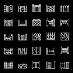 Wall Mural - Fences, white line icons. Fencing made from brick, mesh, wood, and iron. Ideal for construction and property protection themes. Symbols on black background. Editable stroke.
