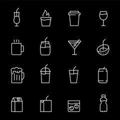 Wall Mural - Drinks, white line icons. Cocktails, coffee, juice, beer, soda, and other beverages. culinary and lifestyle themes. Symbols on black background. Editable stroke.