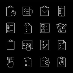 Wall Mural - Checklists, white line icons. Testing, polling, and to-do lists. Essential for productivity and organizational themes. Symbols on black background. Editable stroke.