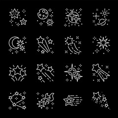Wall Mural - Stars and glitter, white line icons. Constellations, five-pointed stars, and sparkles. decorative and celebration themes. Symbols on black background. Editable stroke.