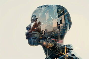 Poster - Abstract futuristic city double exposure with woman silhouette in urban life blending modern technology and conceptual business innovation in a digital composite skyline portrait of a metropolis downt