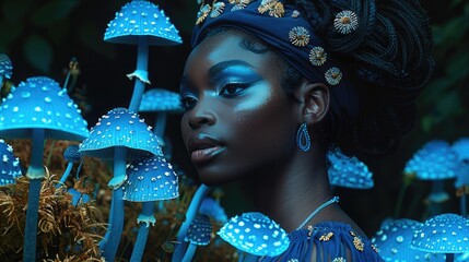 Wall Mural - African female top model with a blue top in front of blue glowing mushrooms growing on mossy ground against a black background. Generative AI.