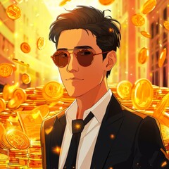 Poster - Man in formal wear and sunglasses buying gold crypto tokens at a large market in the middle of wallstreet