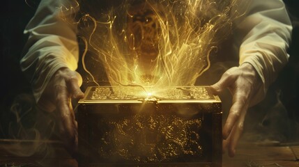 Wall Mural - man opens a mysterious box, pandora's box concept, concept of holding magic