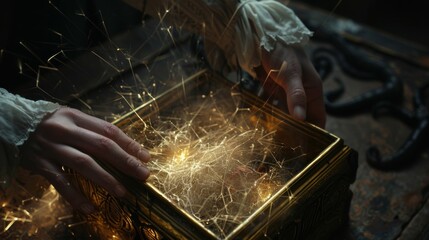 Wall Mural - man opens a mysterious box, pandora's box concept, concept of holding magic