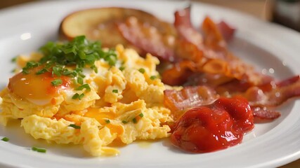 Wall Mural - Fluffy scrambled eggs served with a side of crispy bacon and a dollop of tangy hot sauce a hearty and satisfying beachside breakfast.