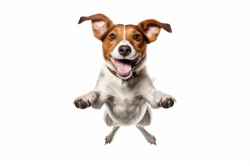 Jack Russell Terrier dog jumping isolated on a white studio background.