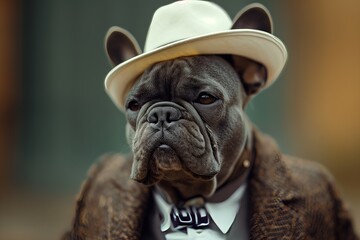 Wall Mural - Cool French bulldog in suit and white hat