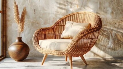 Modern Wicker Chair Indoor Plant Sunlit Minimalist Room Interior Design