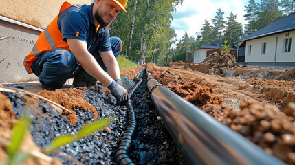 Fototapete - Worker Installing Drainage system for the private site. Generative AI.