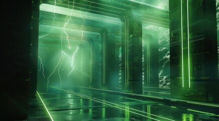 Leinwandbilder - Megalithic, strong, futuristic bridge. cryptocurrency bridge emitting lightning bolts. blue and lime green theme. Generative AI.