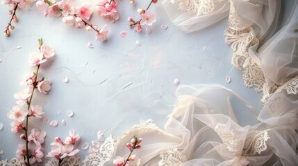 Wall Mural - Spring themed background with vintage elements and soft colors cherry blossom branch lace and satin ribbon Overhead view with empty space